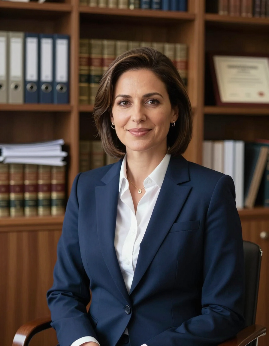 Professional woman in a navy blazer seated in an office, with bookshelves and certificates behind her