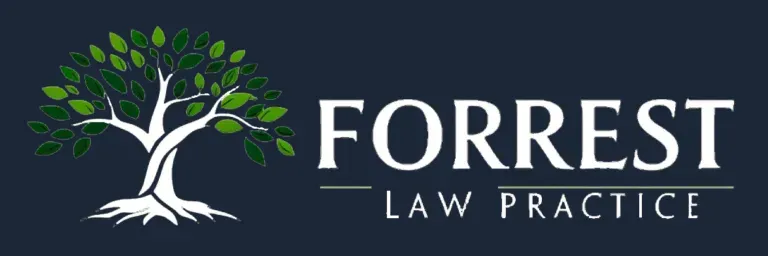 Forrest Law Practice logo with white tree on dark blue background and green leaves