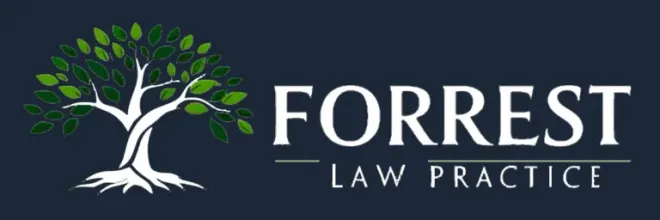 Forrest Law Practice logo with white tree on dark blue background and green leaves