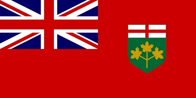 Ontario flag with red background, Union Jack, and Ontario shield emblem