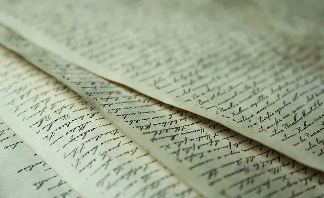 Close-up of handwritten letters on aged paper pages