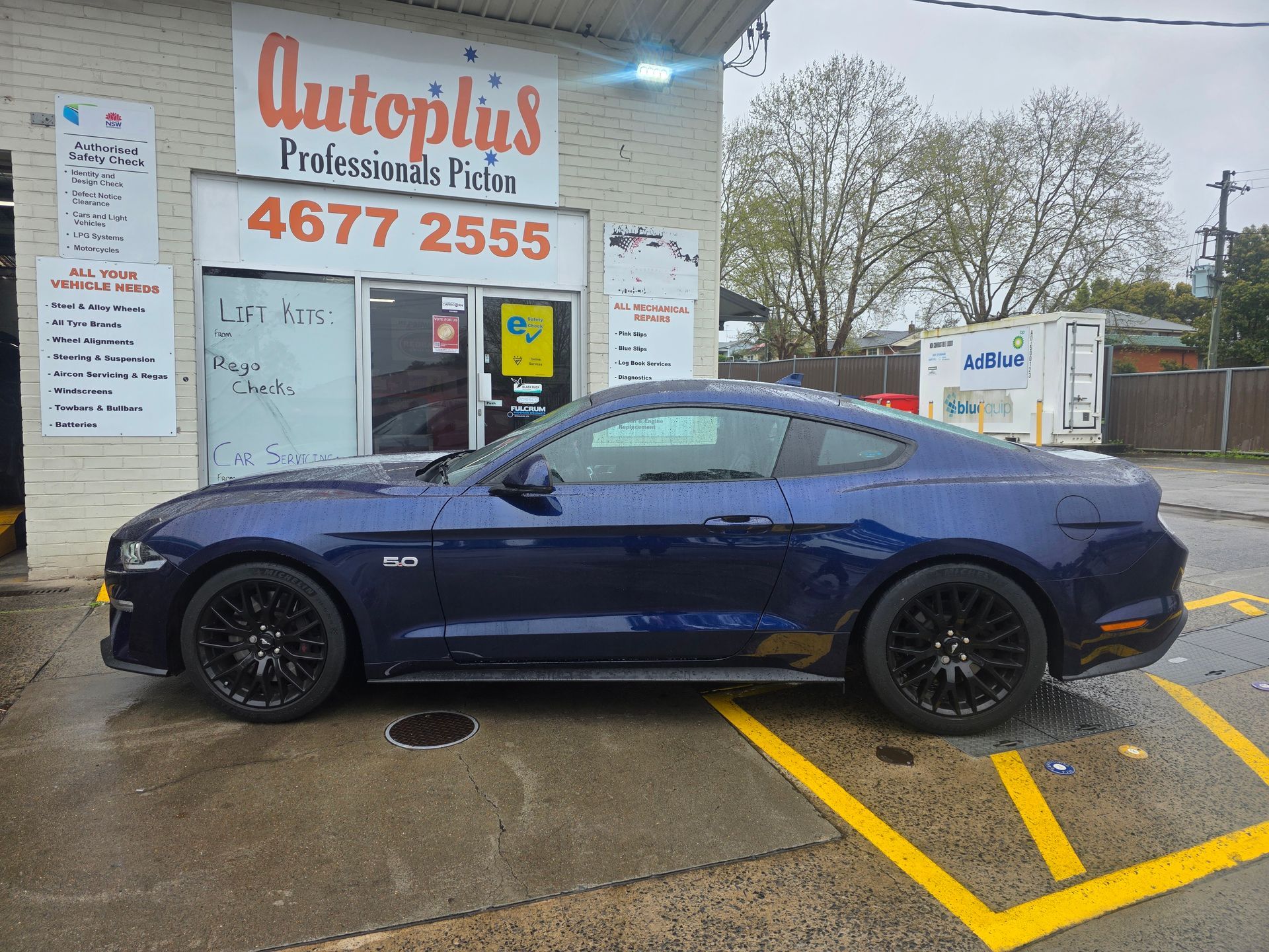 Blue Ford Mustang Parked in Front of An Auto Repair Shop — Autoplus Professionals Picton in Picton, NSW