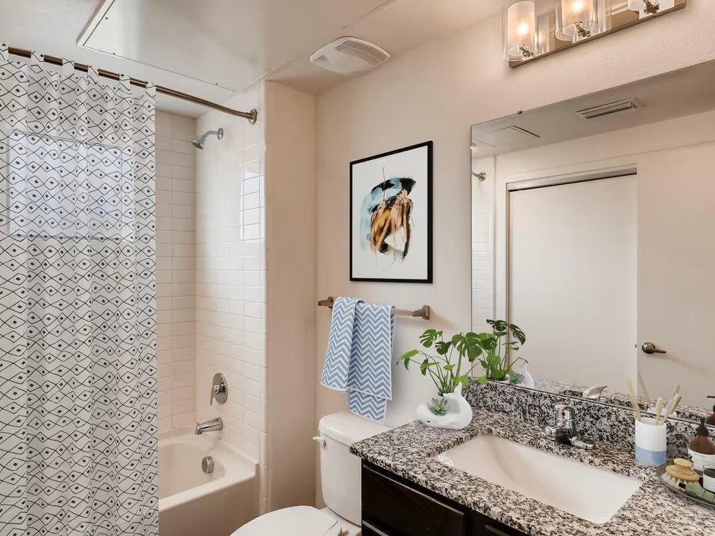 A bright, modern bathroom featuring a patterned shower curtain, a granite-topped vanity, and a framed art print.
