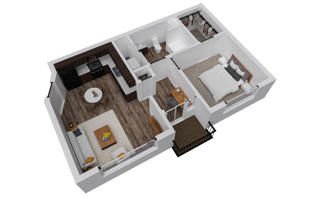 3D floor plan of a one-bedroom apartment with a kitchen, living area, bathroom, bedroom, walk-in closet, and balcony.