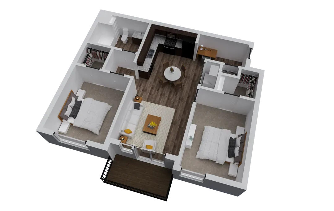 3D floor plan of a two-bedroom apartment with a kitchen, living room, two bathrooms, and a balcony.
