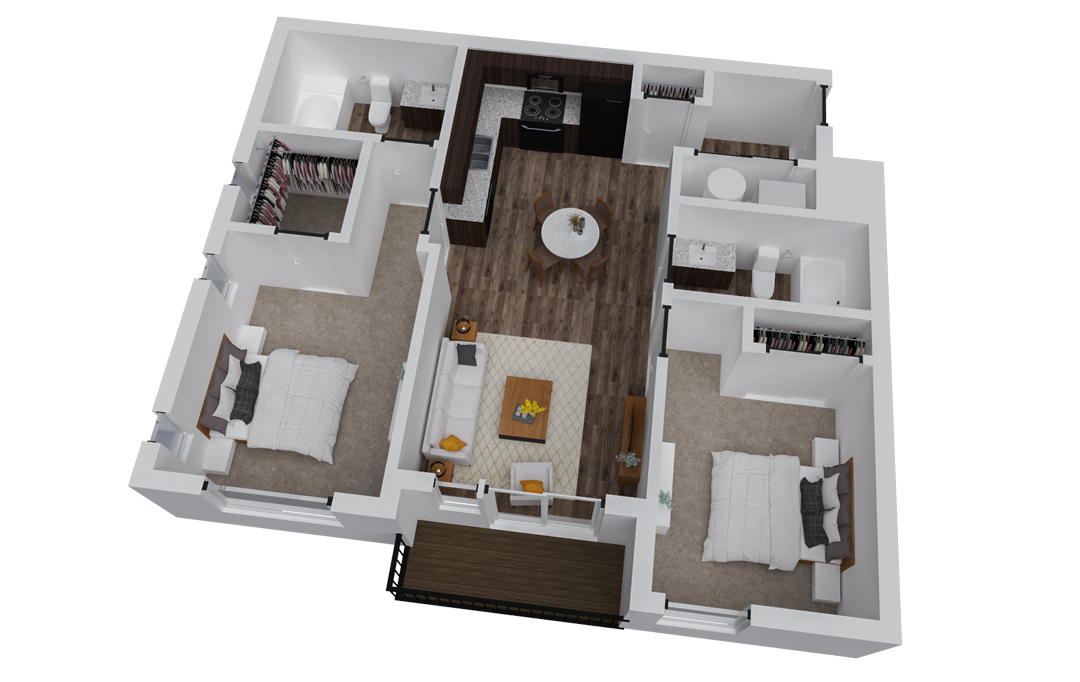 A 3D floor plan showing a two-bedroom apartment with a central living area, kitchen, two bathrooms, and a balcony.