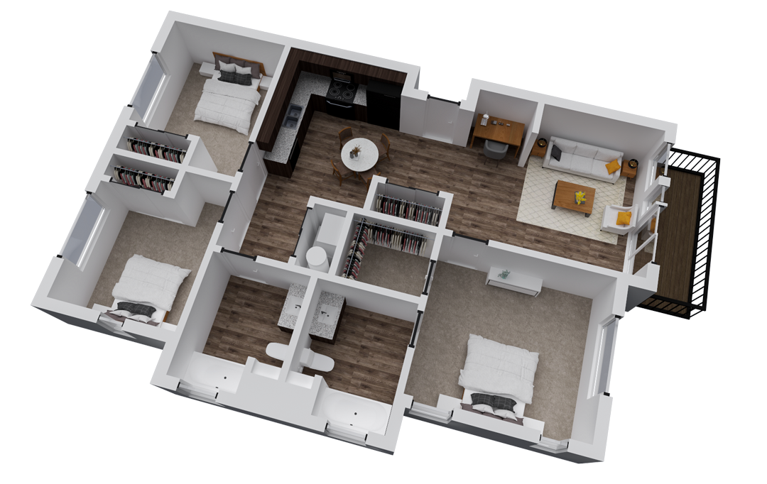 A 3D floor plan showing a furnished three-bedroom apartment with a living area, kitchen, and two bathrooms.