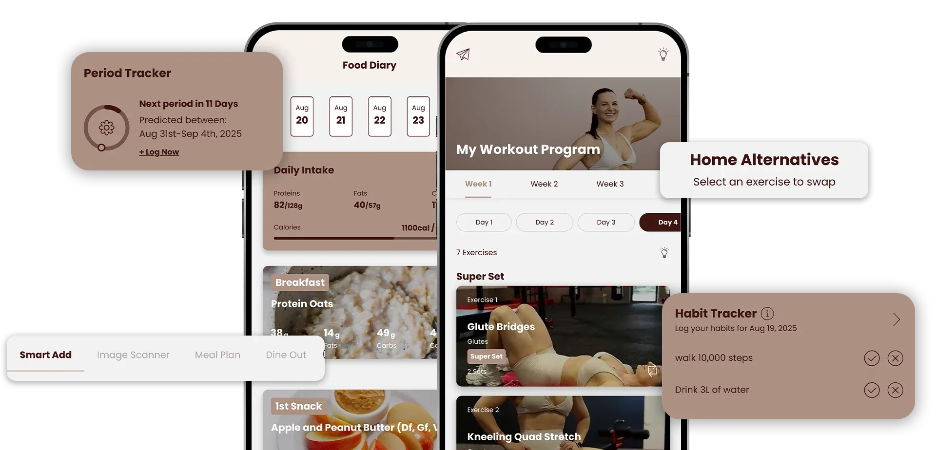Screenshots of MJ Fit app interface on smartphones with a neutral color scheme.