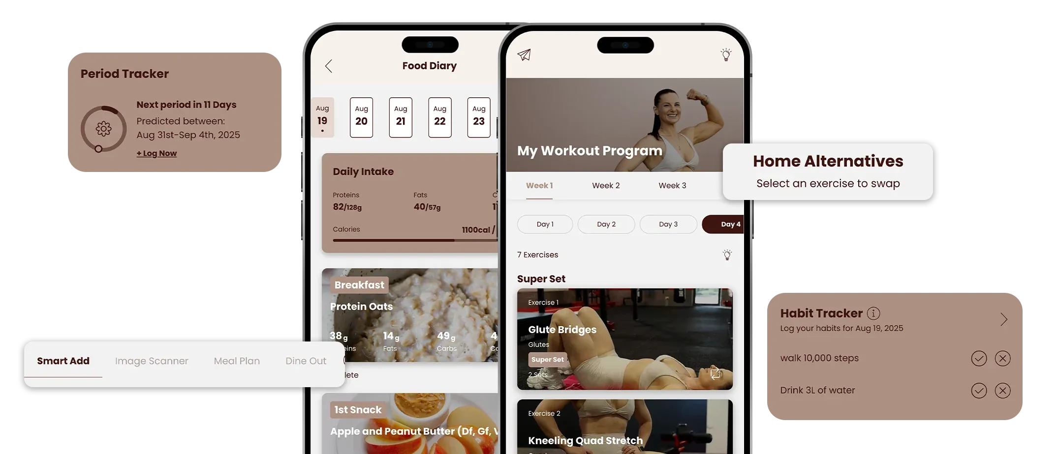 Screenshots of MJ Fit app interface on smartphones with a neutral color scheme.