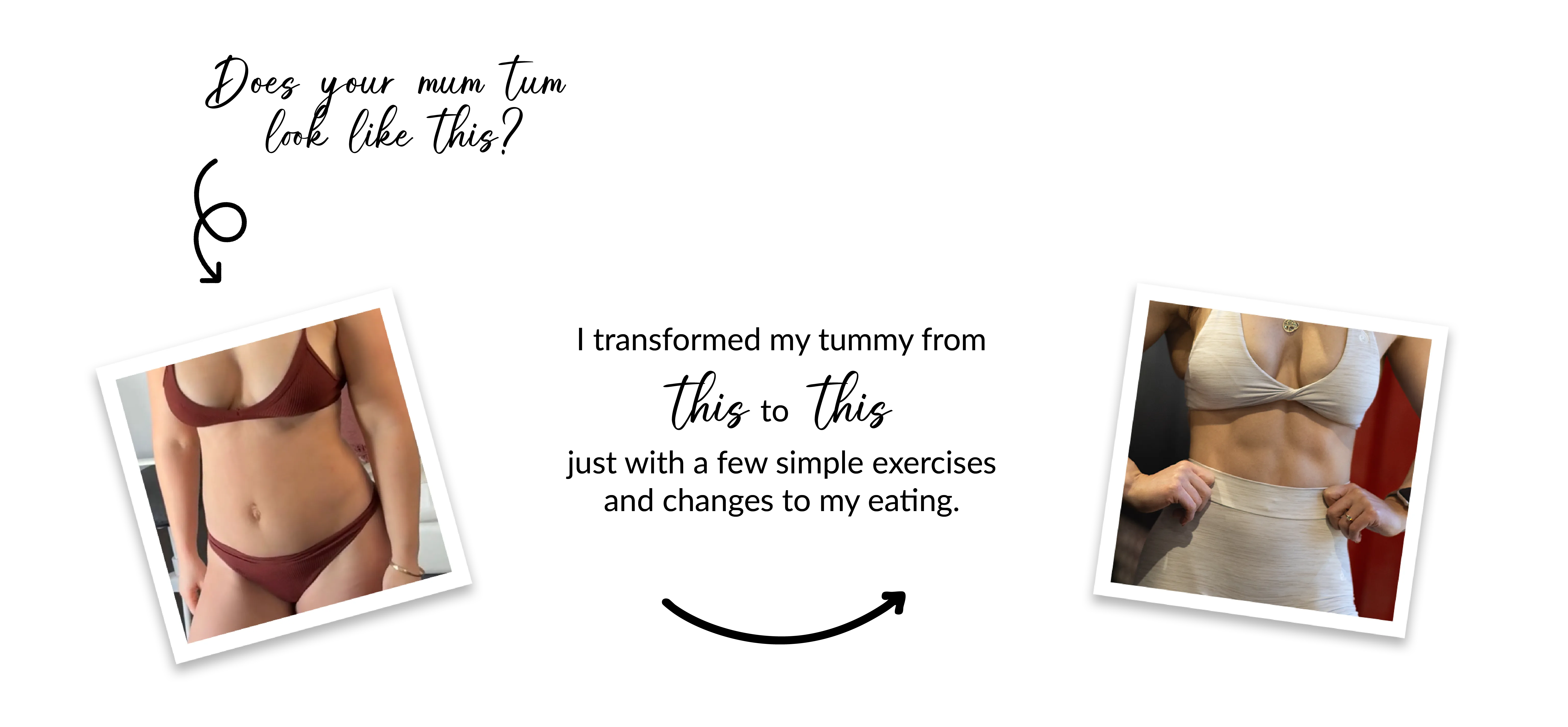 Transformation from body type one to body type two (toned abs). Text asks 