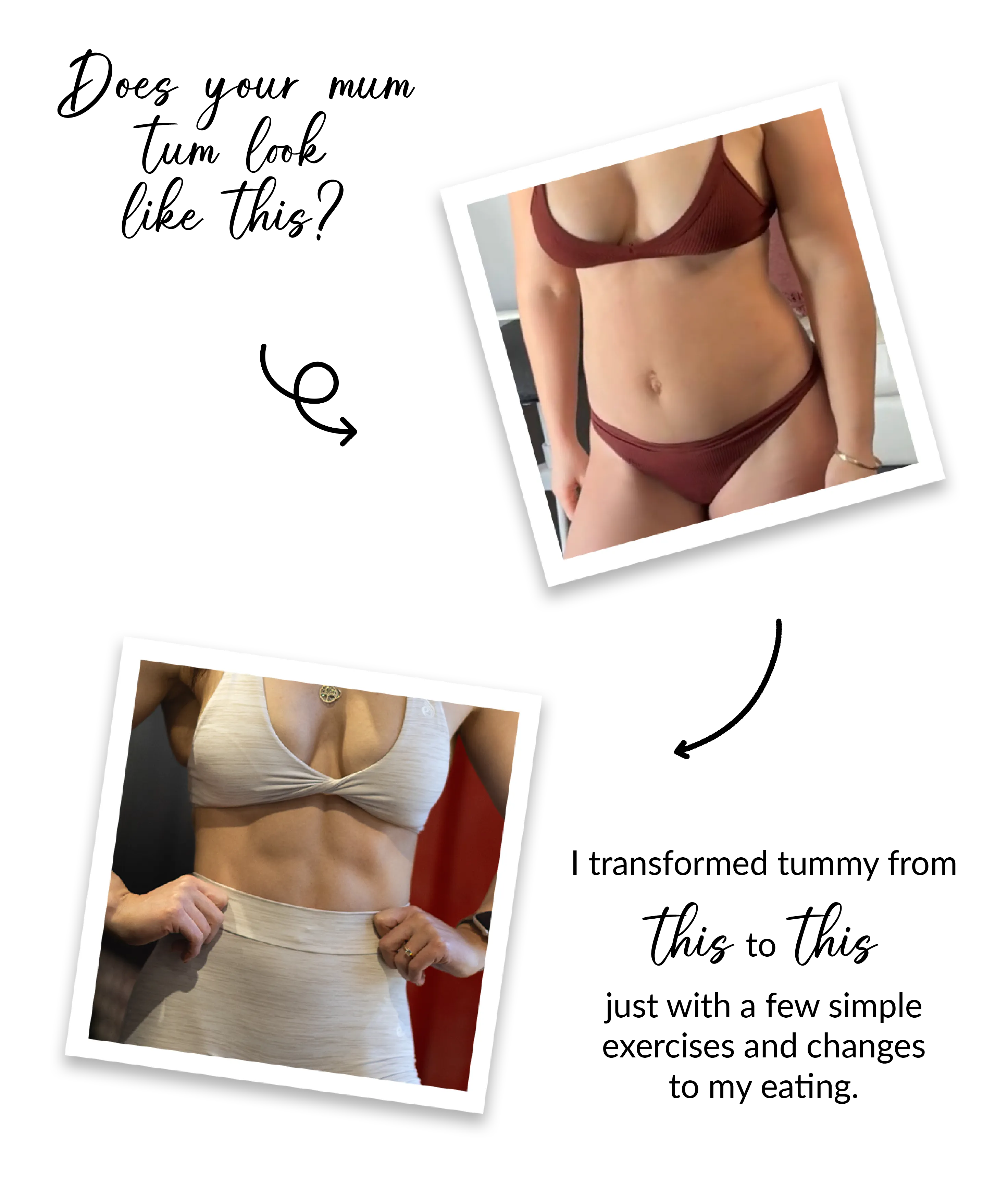 Transformation from body type one to body type two (toned abs). Text asks 