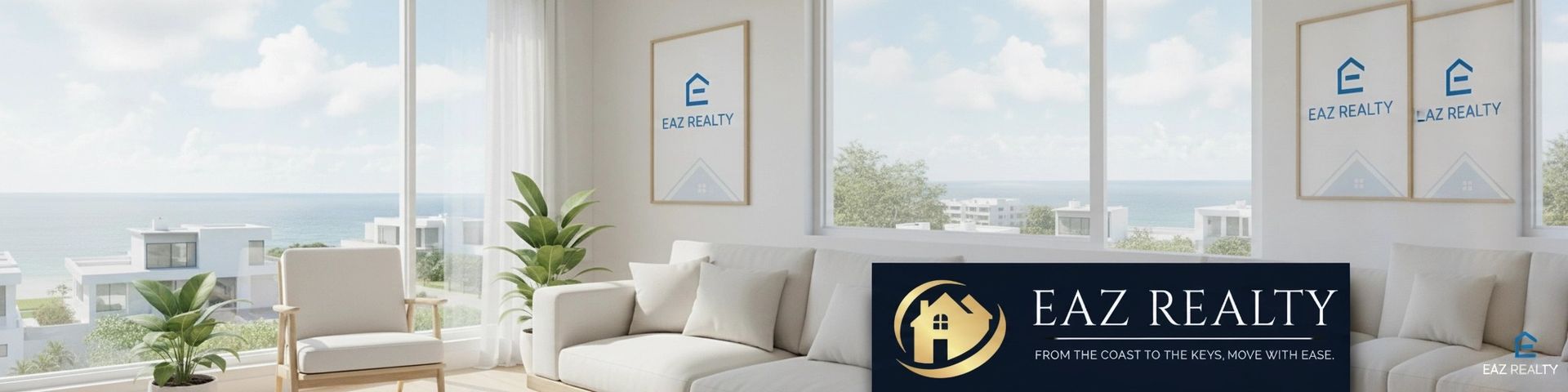 Living room with ocean view, white furniture, and FAZ Realty logo.