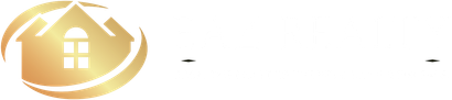 Gold house logo with a roof and circular swoosh on a white background