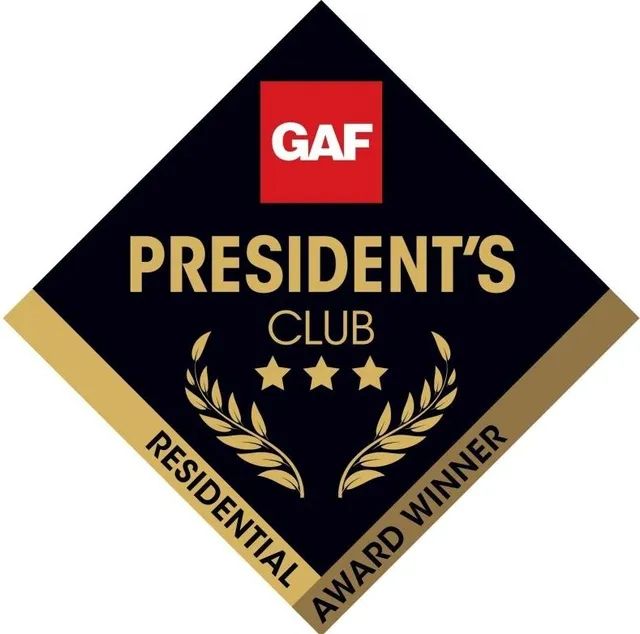 GAF President's Club award logo in black, gold, and red. Features stars, laurel wreaths, and text indicating a residential award winner.