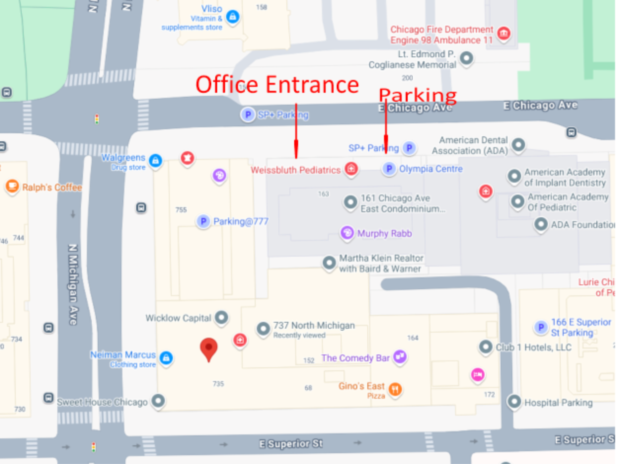 A map showing the location of the office entrance and parking.