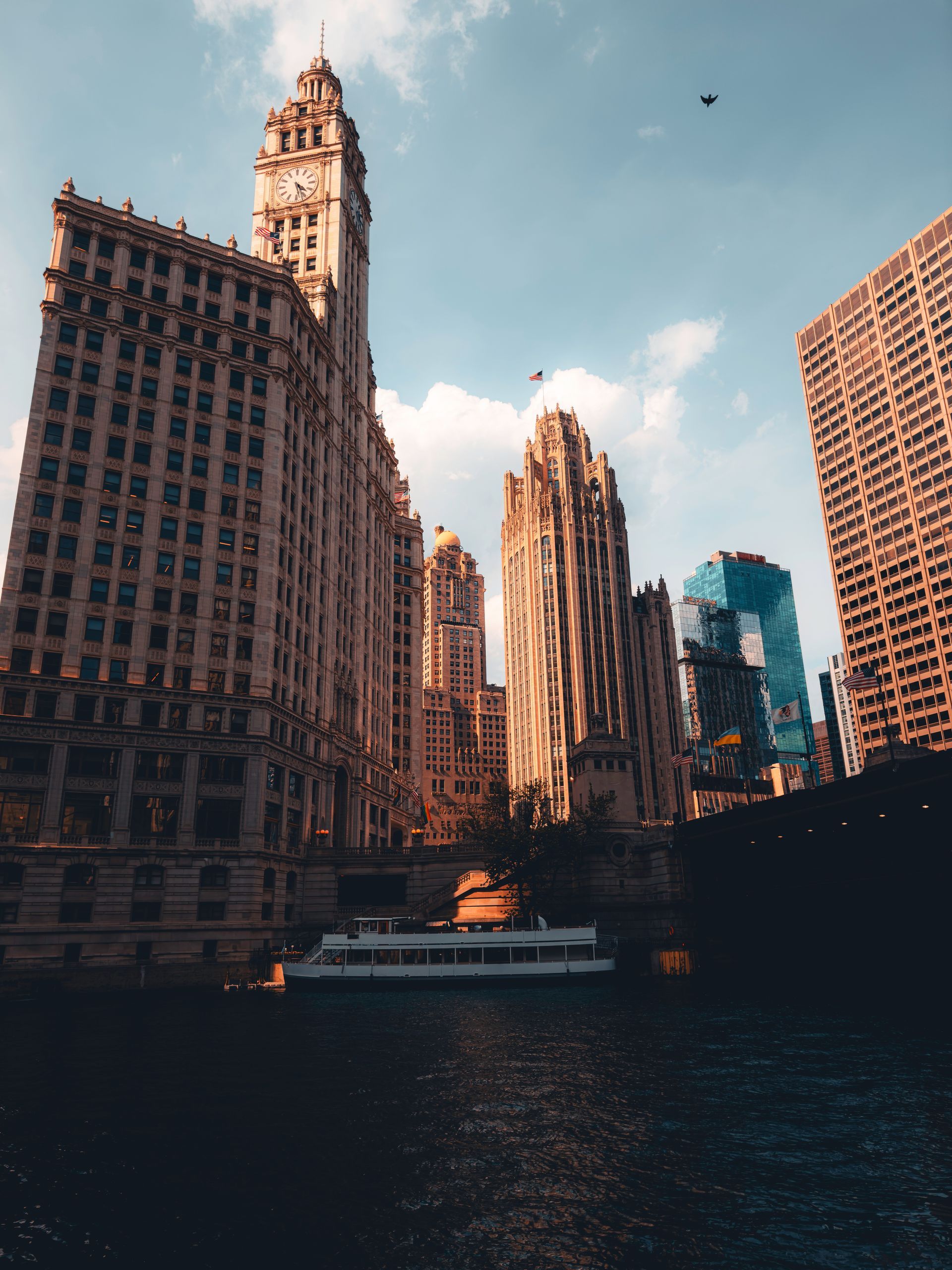A boat is in the water in front of a city skyline