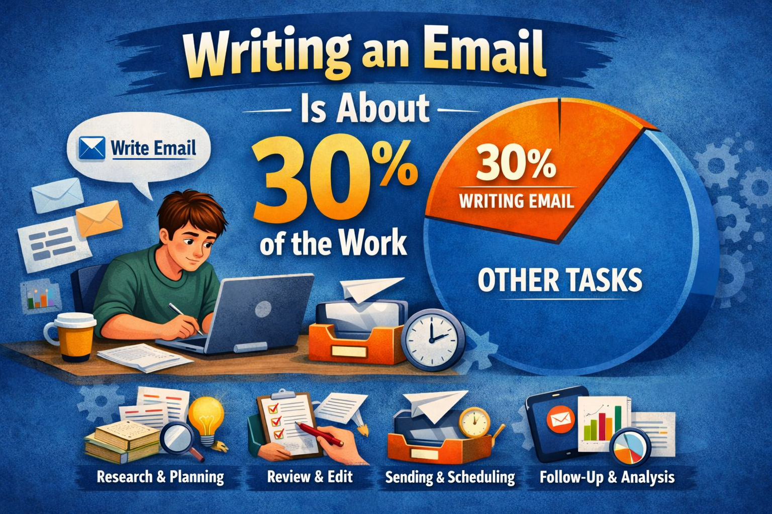 Writing an email is about 30% of the work