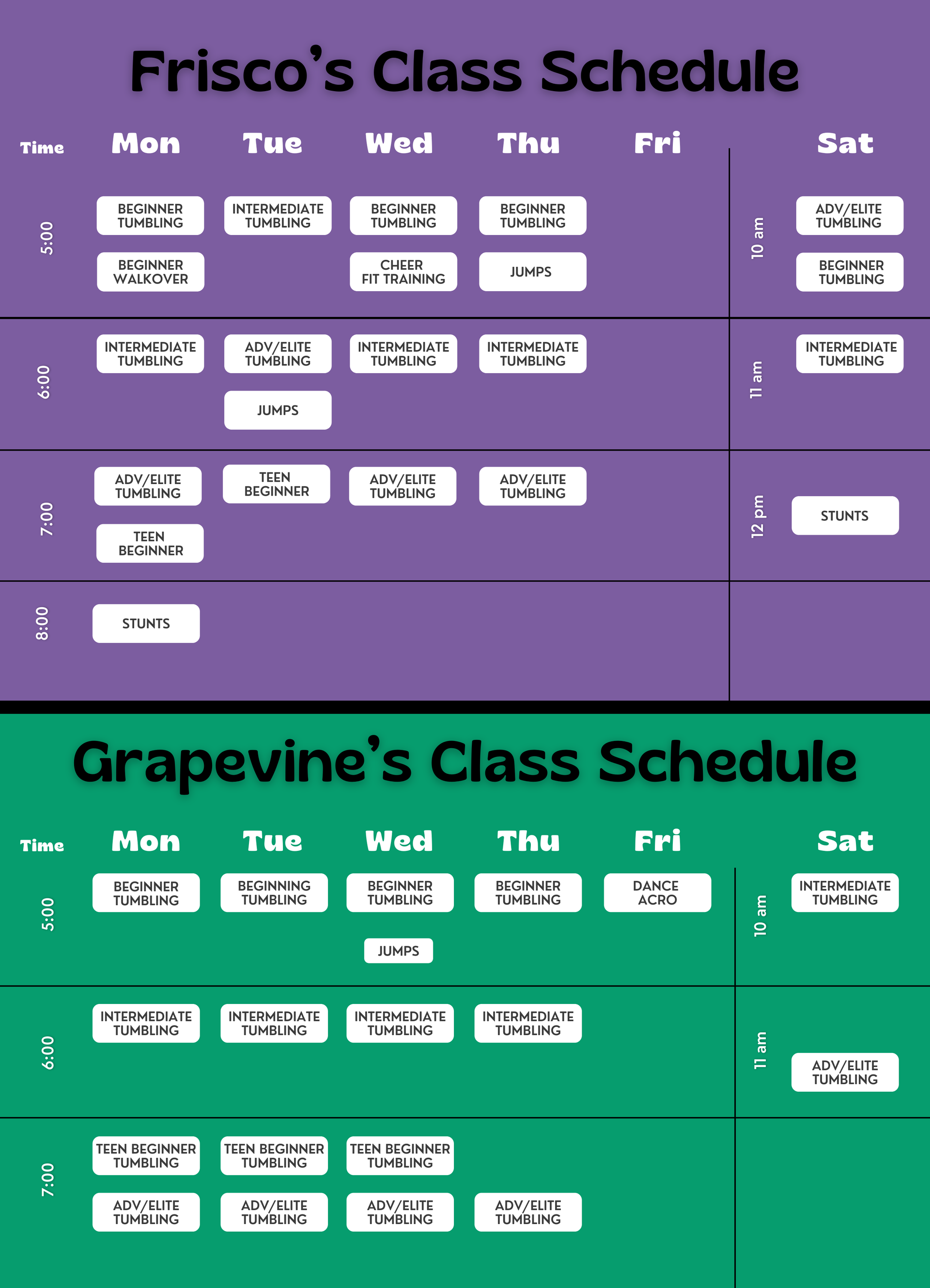 Tumble and Stunt Class Schedule for Frisco and Grapevine locations