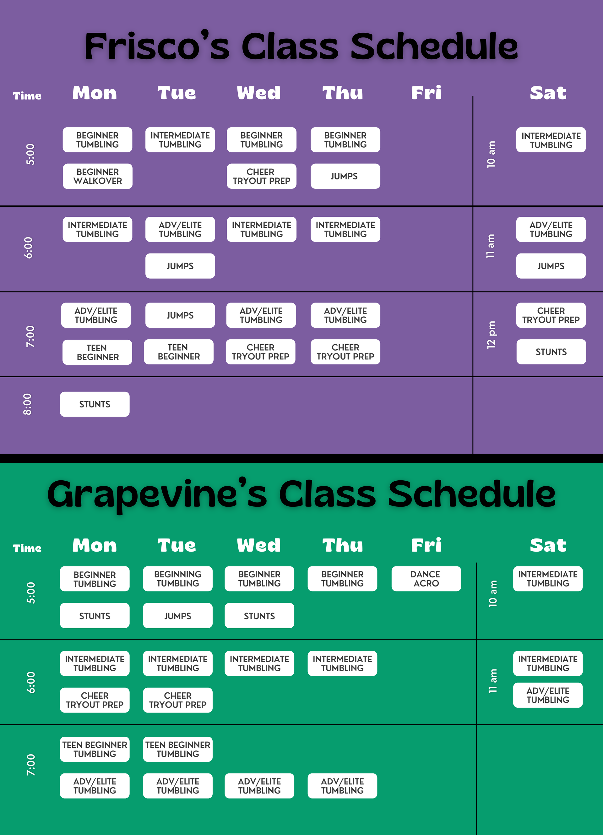 Tumble and Stunt Class Schedule for Frisco and Grapevine