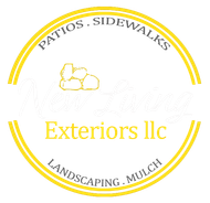 Exteriors llc logo with yellow circular border and patio, sidewalks, landscaping, mulch text