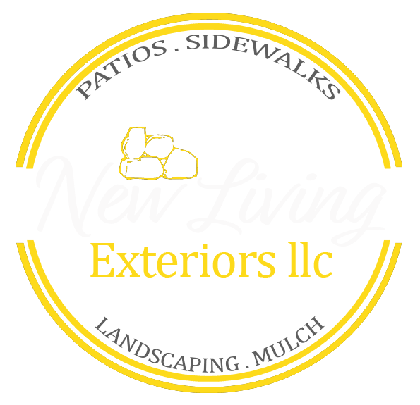 Exteriors llc logo with yellow circular border and patio, sidewalks, landscaping, mulch text