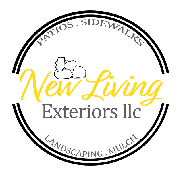 New Living Exteriors llc logo with patio, sidewalk, landscaping, and mulch text in a circular design