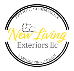New Living Exteriors llc logo with patio, sidewalk, landscaping, and mulch text in a circular design