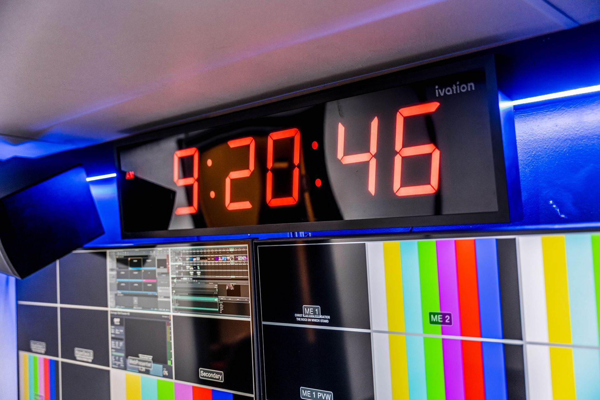 Clock inside the interior of Tretheway Media's Mobile Broadcast Trailer, Chattanooga, TN for Live Video Production