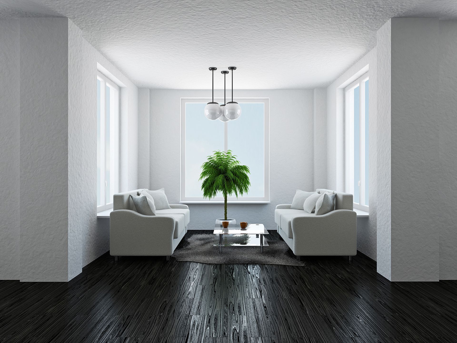 a living room with two couches and a plant in front of a window