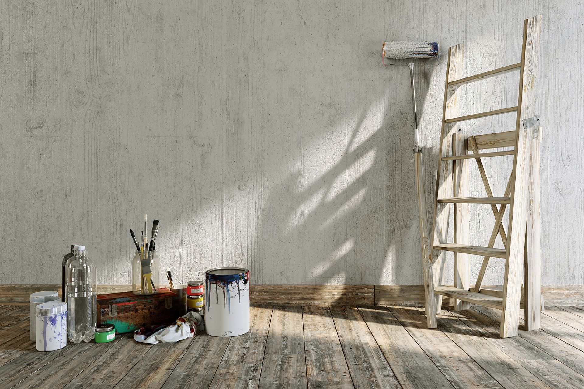 a room with a ladder and paint cans on the floor