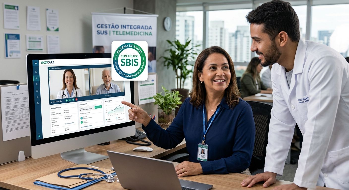 Uma gestora de saúde e um médico analisam na tela de um computador o sistema NOXCARE