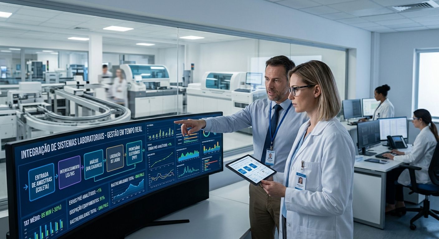 Dois executivos de saúde em uma sala de controle hospitalar moderna discutem métricas de desempenho