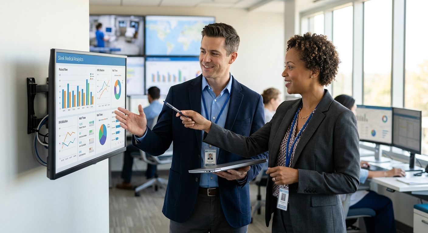 Gestores de TI em saúde analisando dashboards de integração e dados clínicos em ambiente hospitalar.