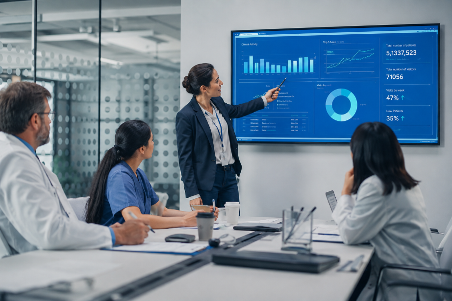 Equipe hospitalar em reunião estratégica analisando indicadores e dashboards de desempenho em tela.
