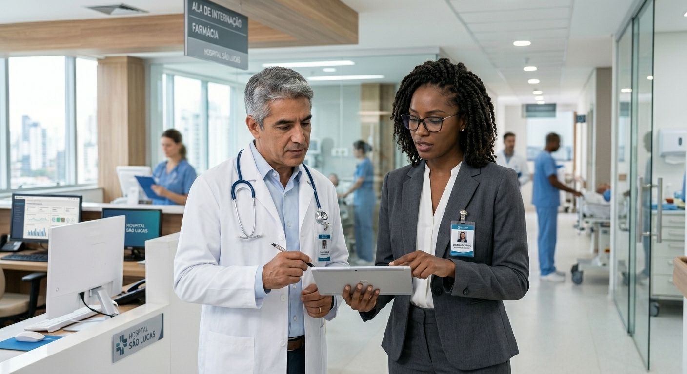 Médico de jaleco e consultora de negócios analisando dados em um tablet no corredor de um hospital