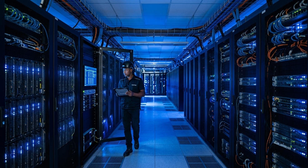 Interior de um data center racks de servidores e um técnico de TI realizando inspeção no local.