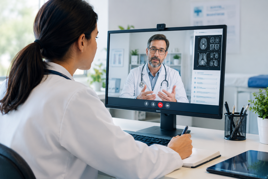 Teleconsulta com médico especialista por videoconferência em uma clínica.