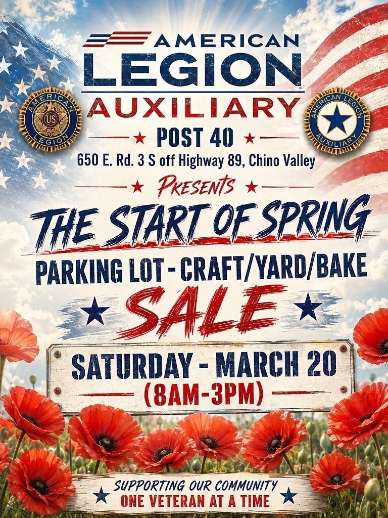 American Legion Auxiliary Post 40 Spring Sale flyer for parking lot, craft, yard, and bake sale on Saturday, March 20.