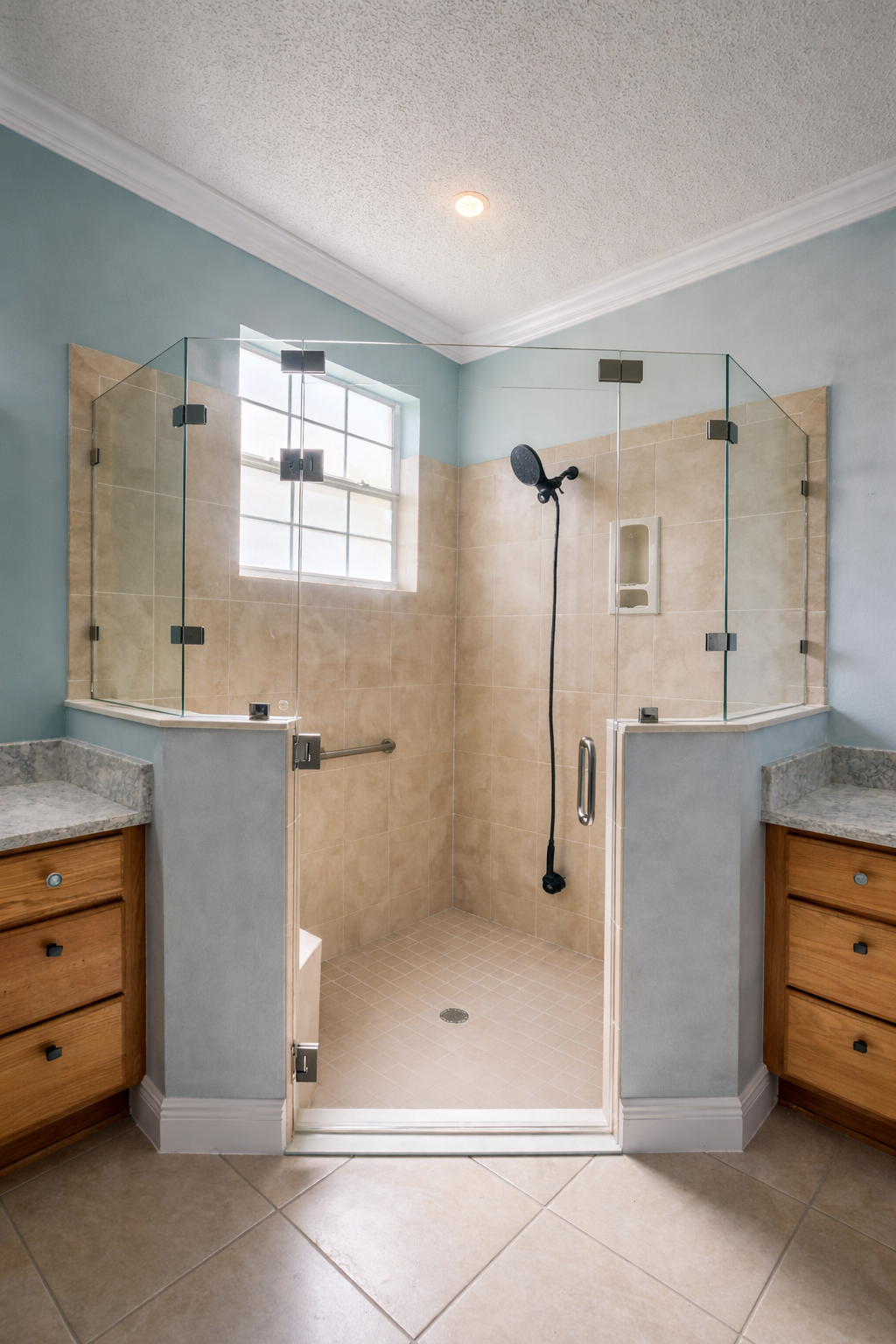 Accessible bathroom with a walk-in shower, grab bars, and built-in bench, bordered by wooden cabinets.