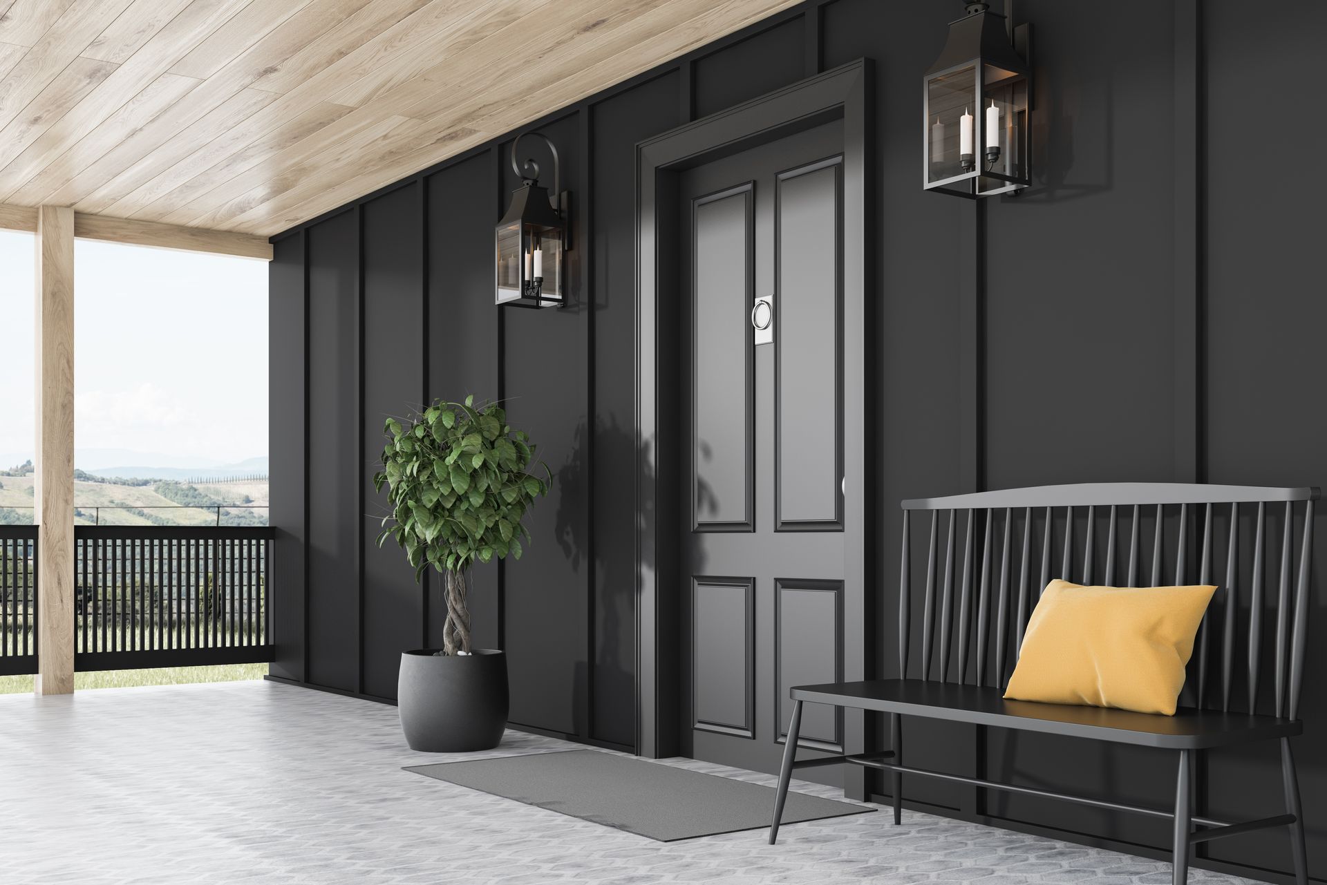 Black exterior with a gray door, bench with yellow pillow, potted plant, and lanterns.