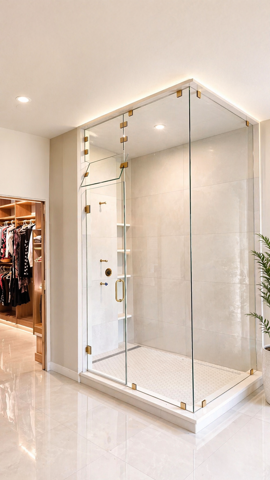 Mirrored walk-in closet with white walls, shelving, hanging clothes, and a lit vanity corner