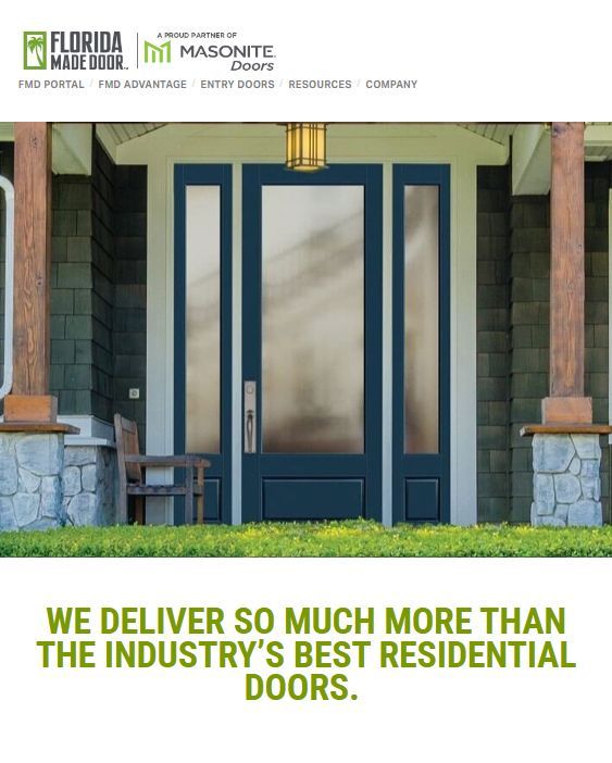 Front entrance with blue-and-white double doors and tagline: “We deliver so much more than the industry’s best residential doors.”