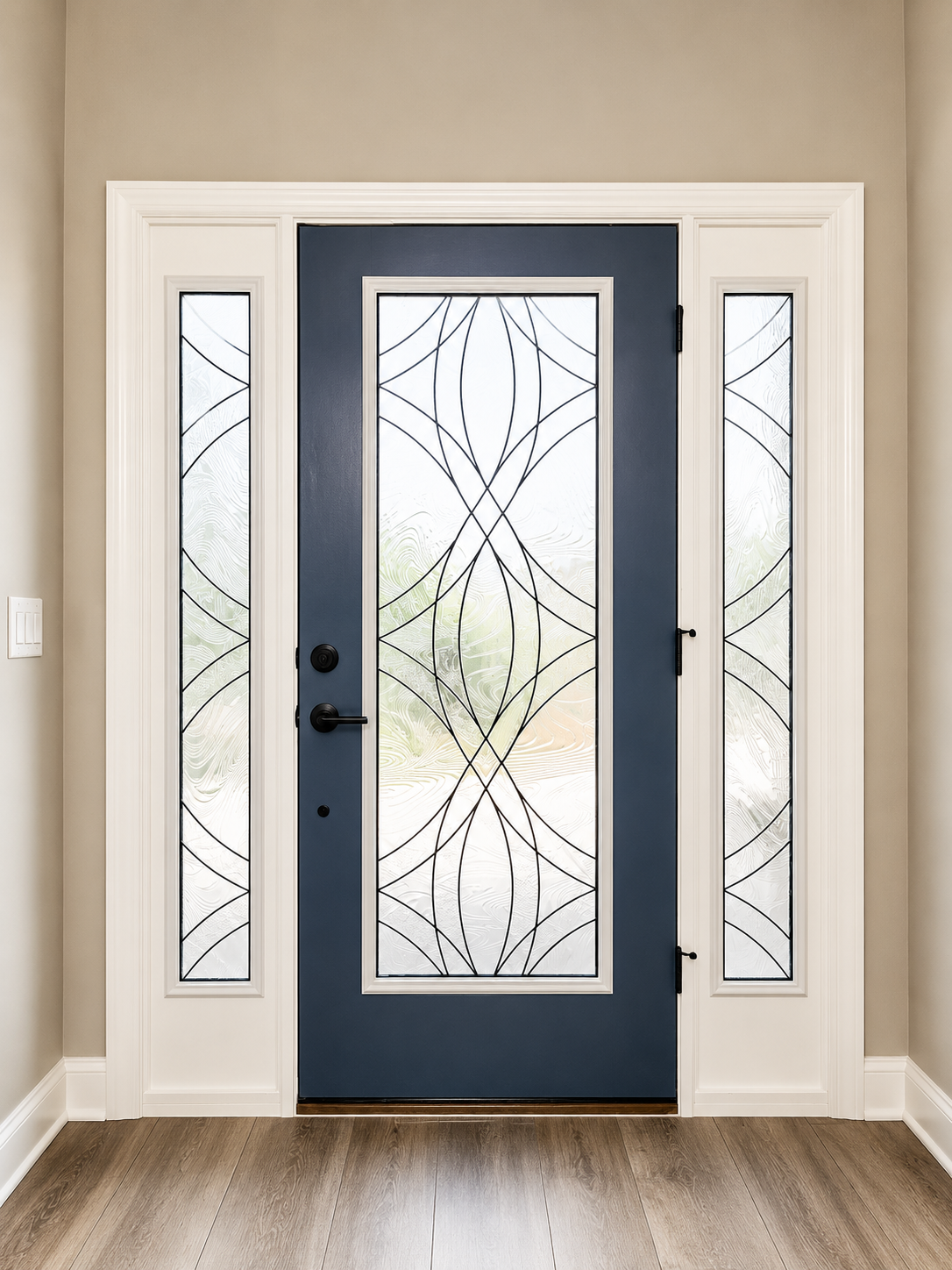 Front door with blue center panel and frosted glass sidelights in a beige entryway