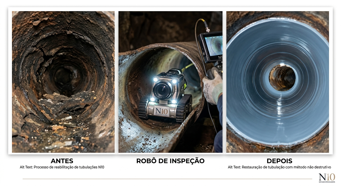 Equipamento técnico da N10 Desentupidora realizando a reabilitação de tubulação interna de esgoto se