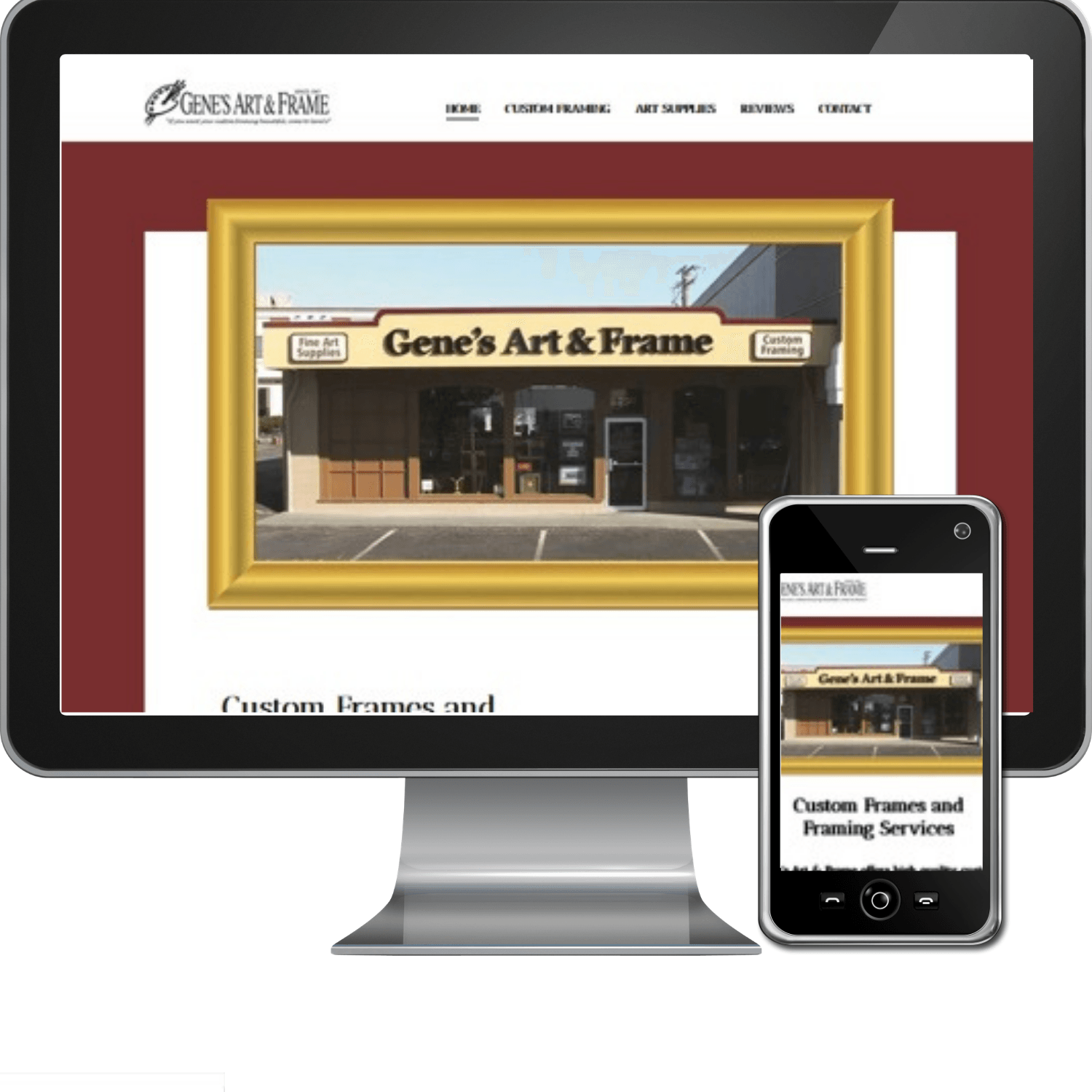 A computer monitor and cell phone showing a website for gene 's art & frame