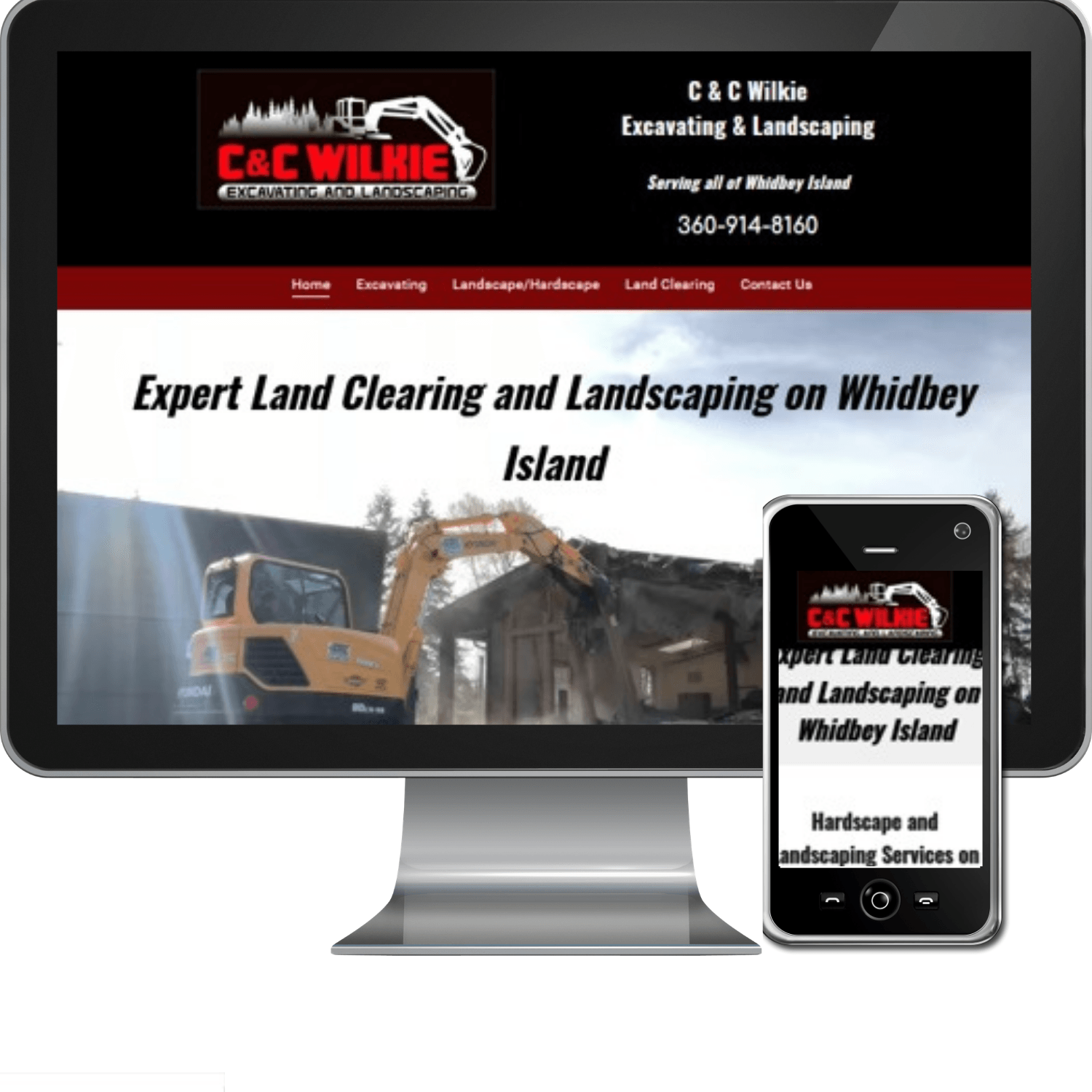 A computer screen displays a website for c & c wilkie expert land clearing and landscaping on whidbey island