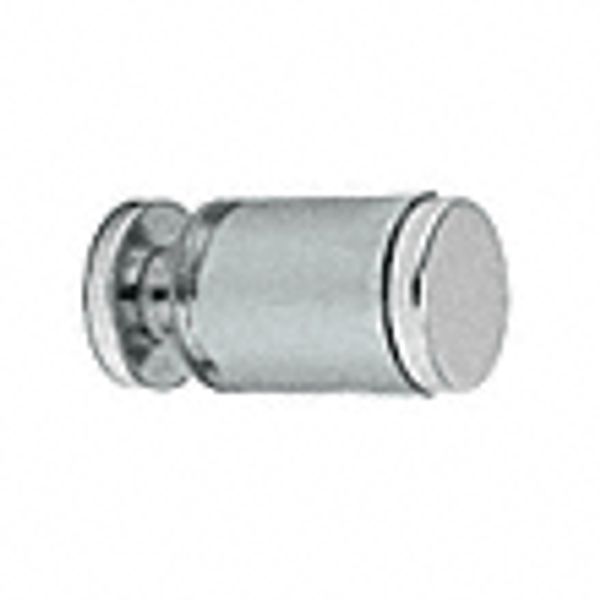 A close up of a stainless steel door knob on a white background.