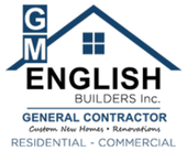 GM English Builders Inc. logo with blue house roof and text for general contractor services