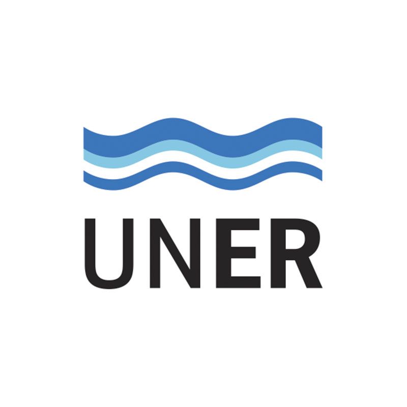 Un logotipo para Uner con una ola azul y blanca.