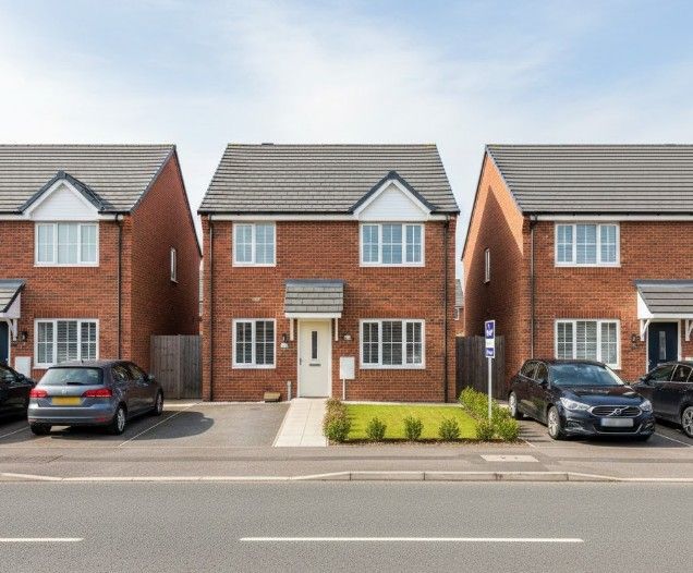 Row of modern red-brick semi-detached houses with driveways